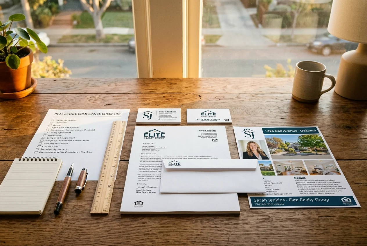 Printed branding samples on a desk showing compliance details, key for realtor marketing