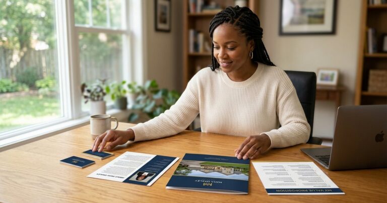 Realtor reviewing printed branding samples that showcase consistent realtor marketing for listing presentations