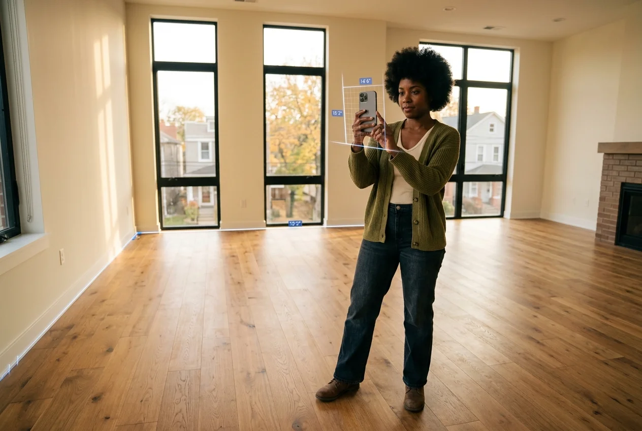 Woman scanning an empty living room with a room measurement app on her phone at golden hour