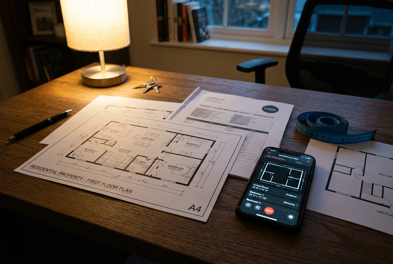 Printed floor plan and PDF from a room measurement app used for real estate listings