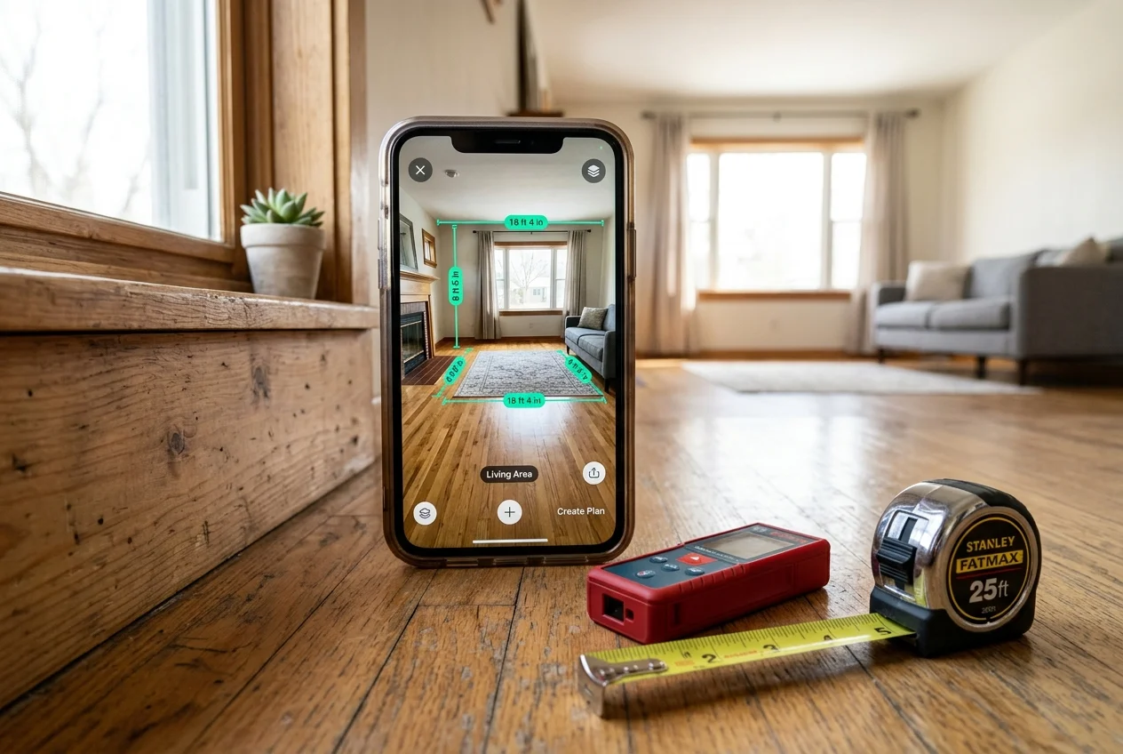 Room measurement app on a phone screen beside a laser measure and tape measure tool