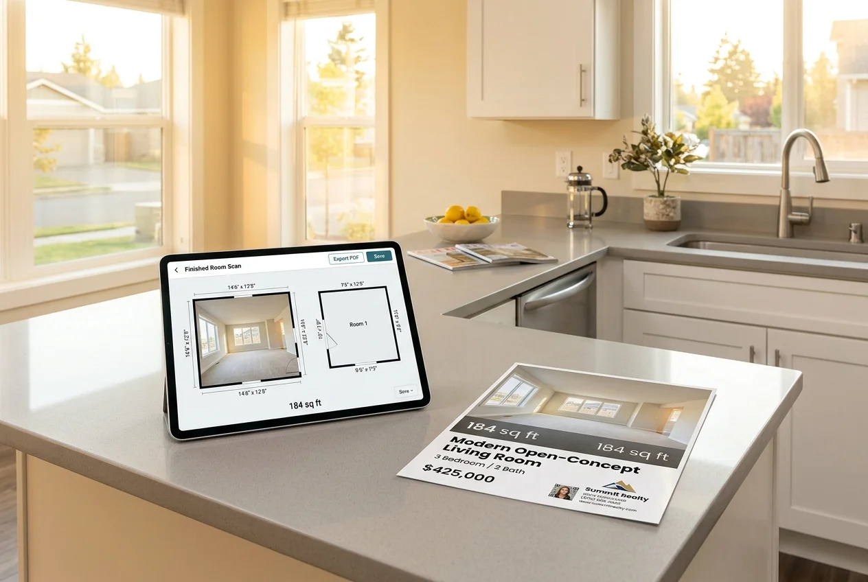 Room measurement app floor plan export displayed on tablet next to a printed listing flyer