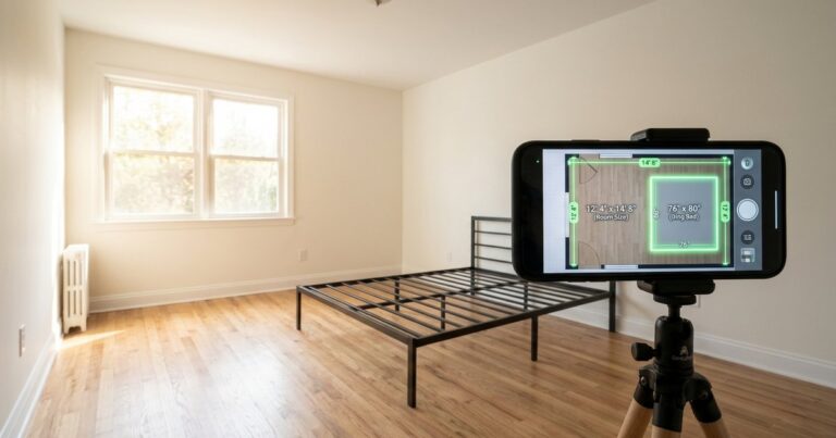 Room measurement app on a smartphone screen measuring an empty bedroom for real estate