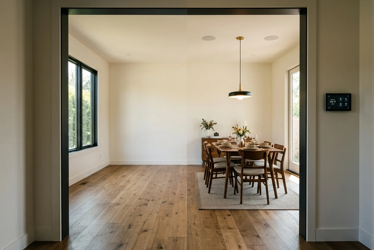 Split dining room showing smart home features designed to look like built-in fixtures