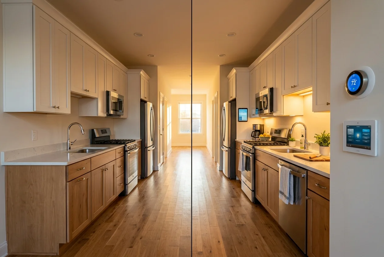 Empty kitchen beside staged version highlighting smart home features for a listing
