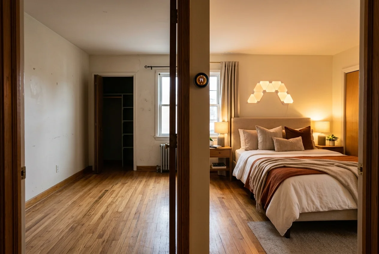 Empty bedroom beside its staged version showing smart home features for an MLS listing