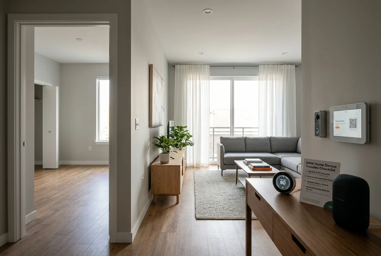 Empty living room beside staged twin showing smart home features ready for a quick, private demo