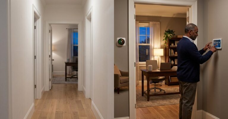 Hallway view showing smart home features transforming an empty office into a staged, tech-ready listing