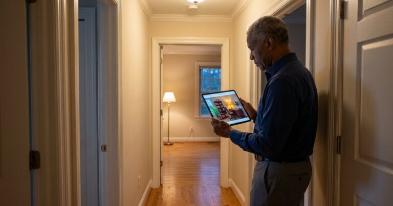 Empty home office beside its staged version, illustrating virtual staging solutions in evening light