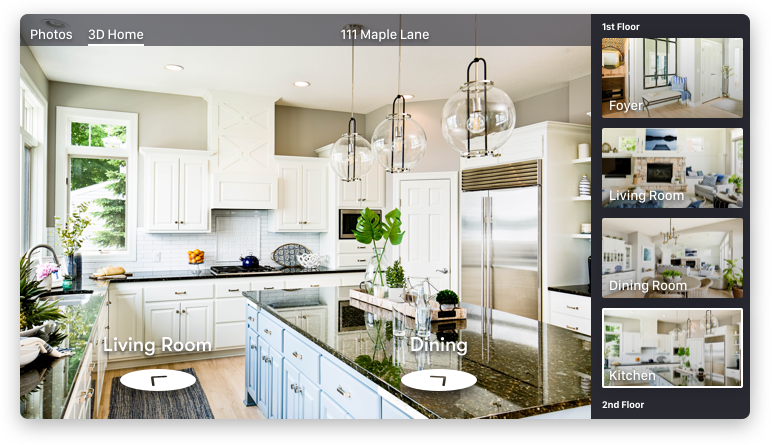 Zillow 3D Home tour interface showing a kitchen and room navigation