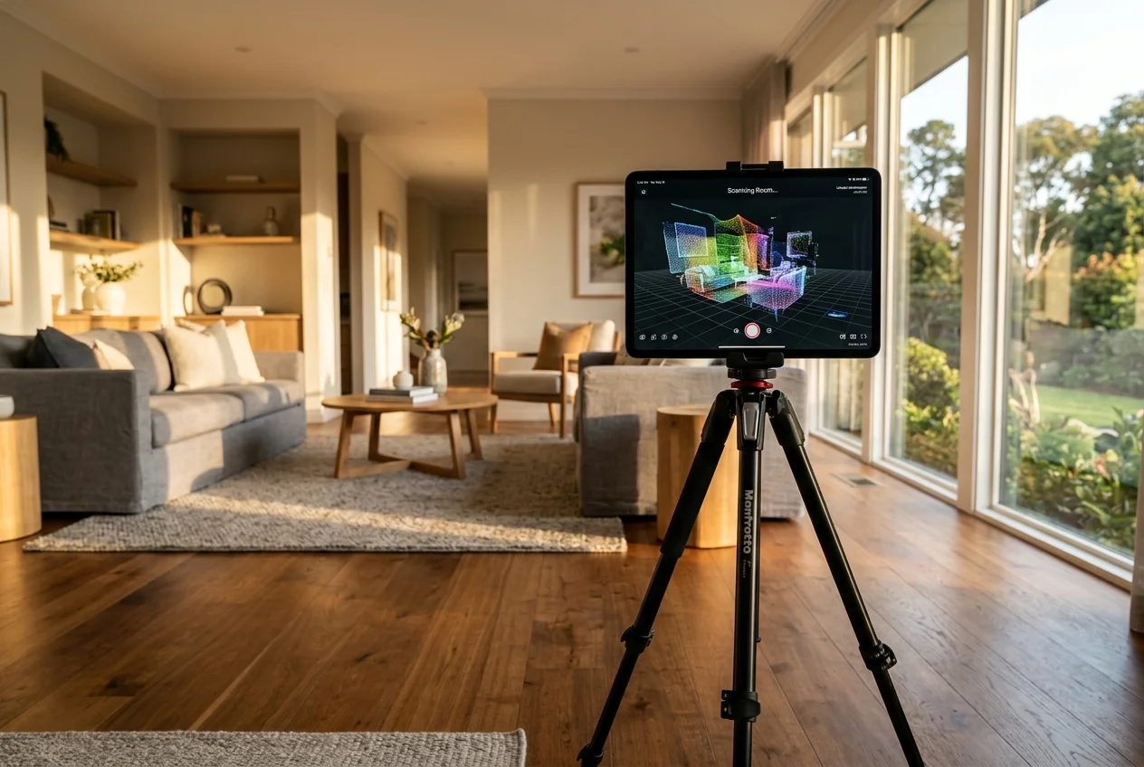 Tablet on a tripod capturing a sunlit living room