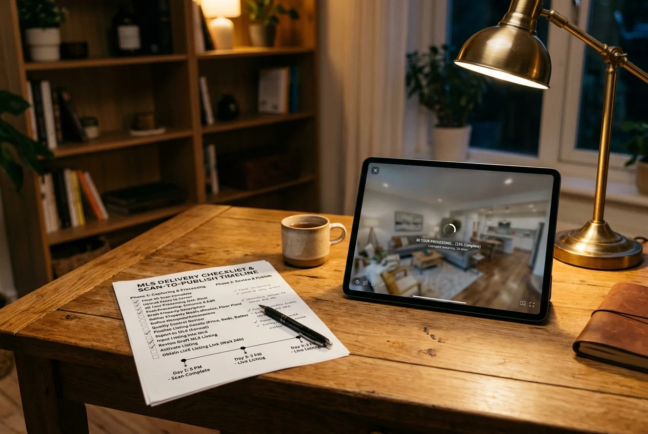 Printed MLS checklist beside a tablet showing a scan still processing