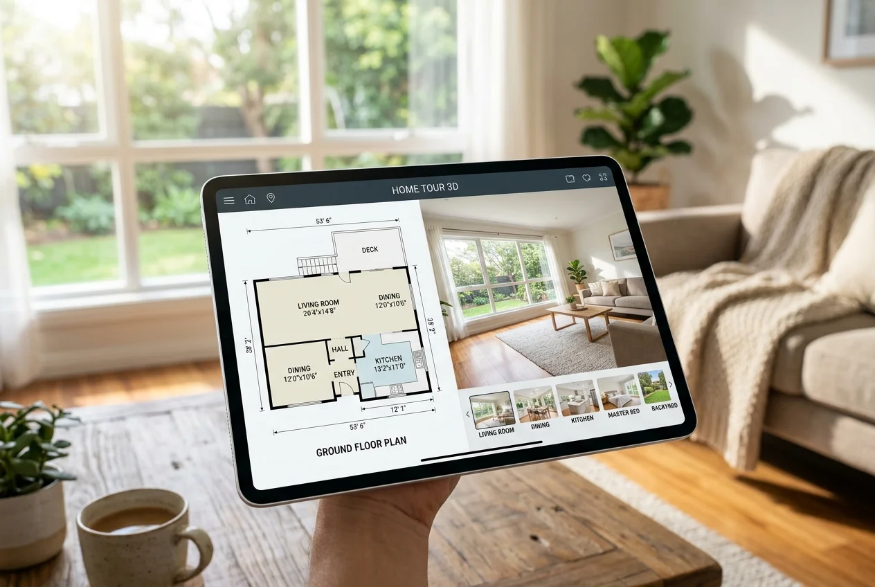 App screen showing a floor plan and measurements over a listing photo