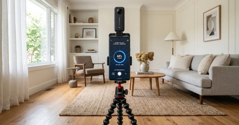 Tripod-mounted camera capturing a 3d home tour scan in a staged living room
