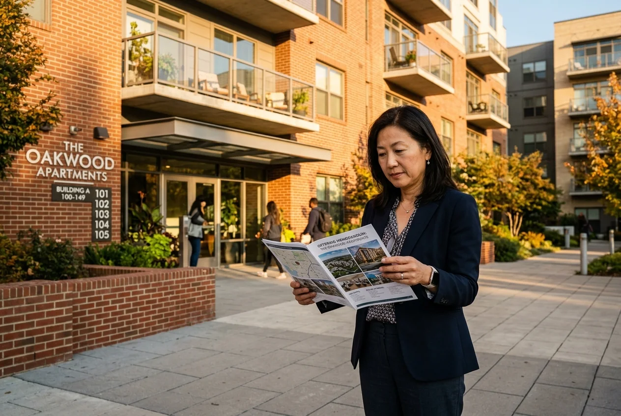Investor reviews a 200-unit property exterior, illustrating ai for multifamily real estate due diligence