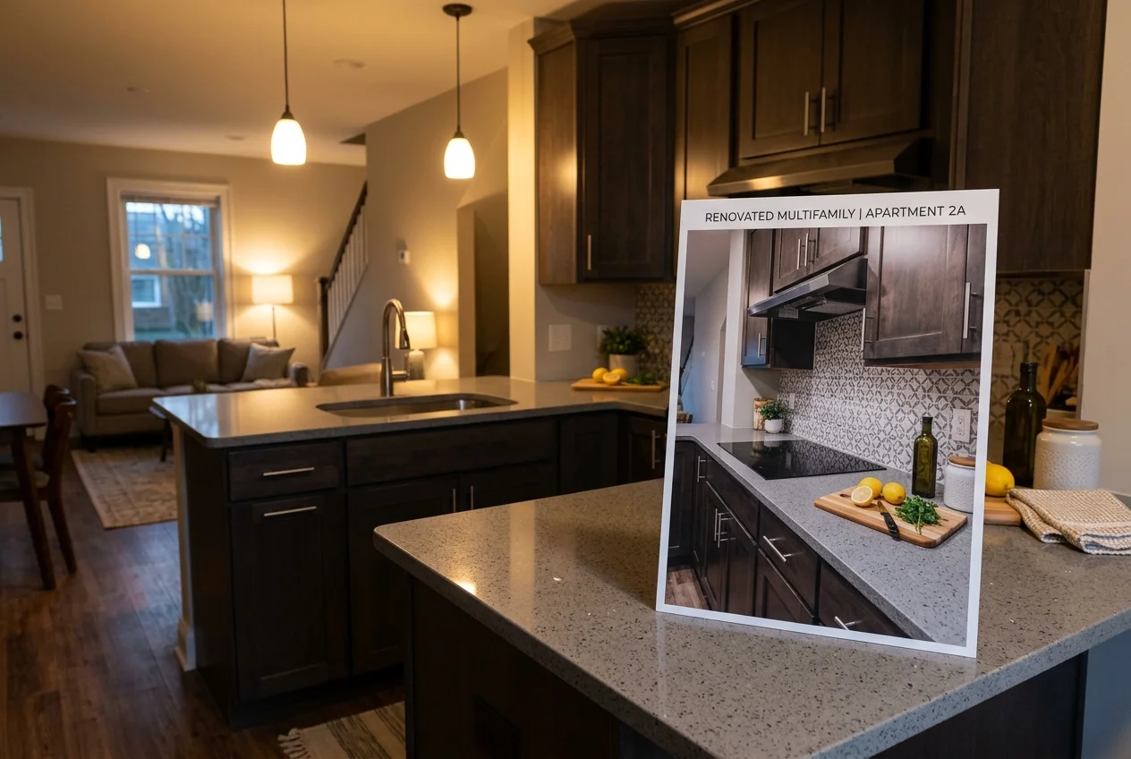 Printed listing photo matched against a renovated unit, showing ai for multifamily real estate planning