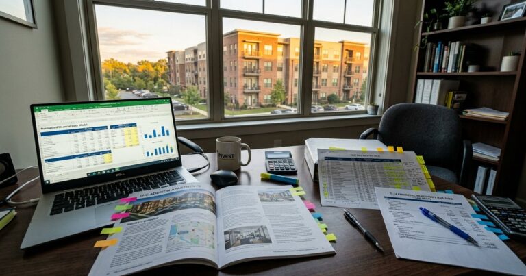Printed multifamily deal documents and laptop illustrate ai for multifamily real estate analysis