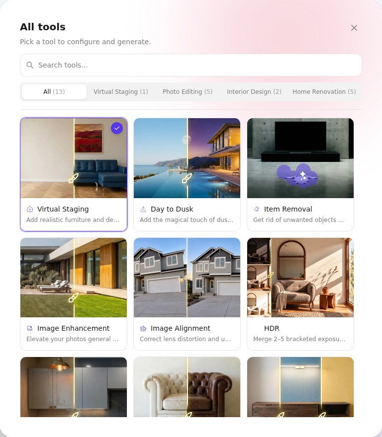 AI HomeDesign’s current tool picker groups virtual staging, photo editing, interior design, and renovation services.