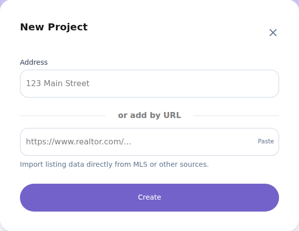 AI HomeDesign’s current New Project dialog asks for an address and offers an optional listing URL. Shown before submitting a project.
