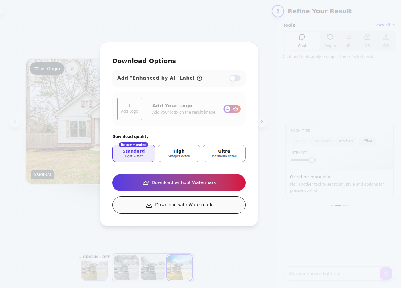 AI HomeDesign’s Download Options show quality choices and separate watermarked and watermark-free download paths. Shown on the reviewed sample result.
