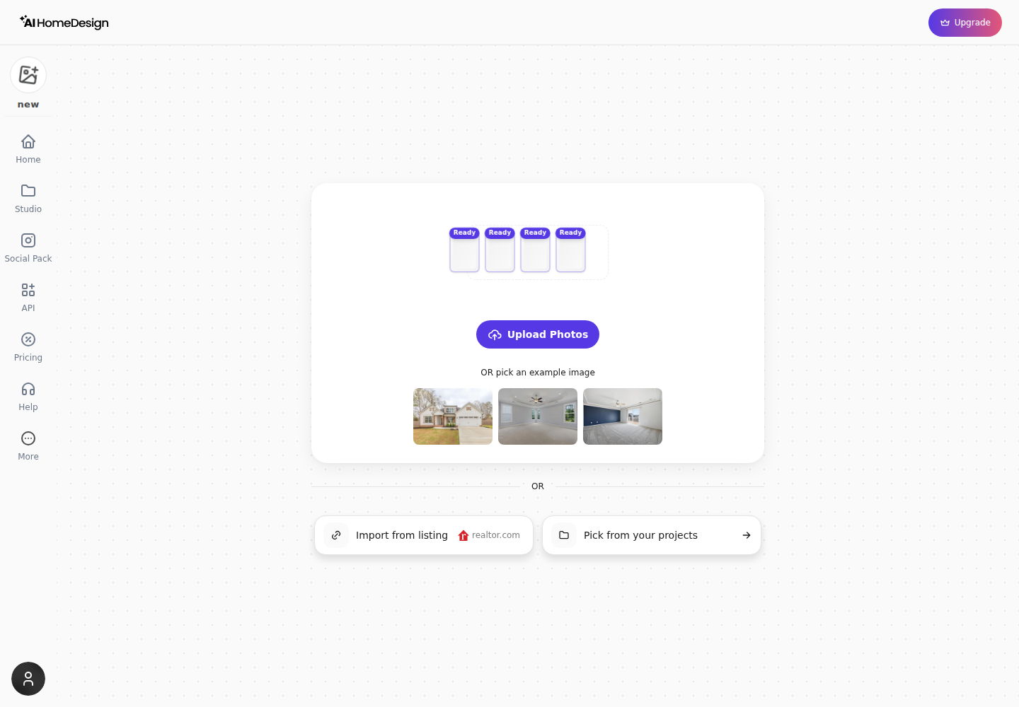 AI HomeDesign’s current uploader offers device upload, built-in examples, listing import, and project reuse.