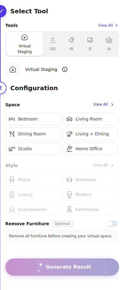AI HomeDesign’s current Virtual Staging setup controls. Configuration screen.
