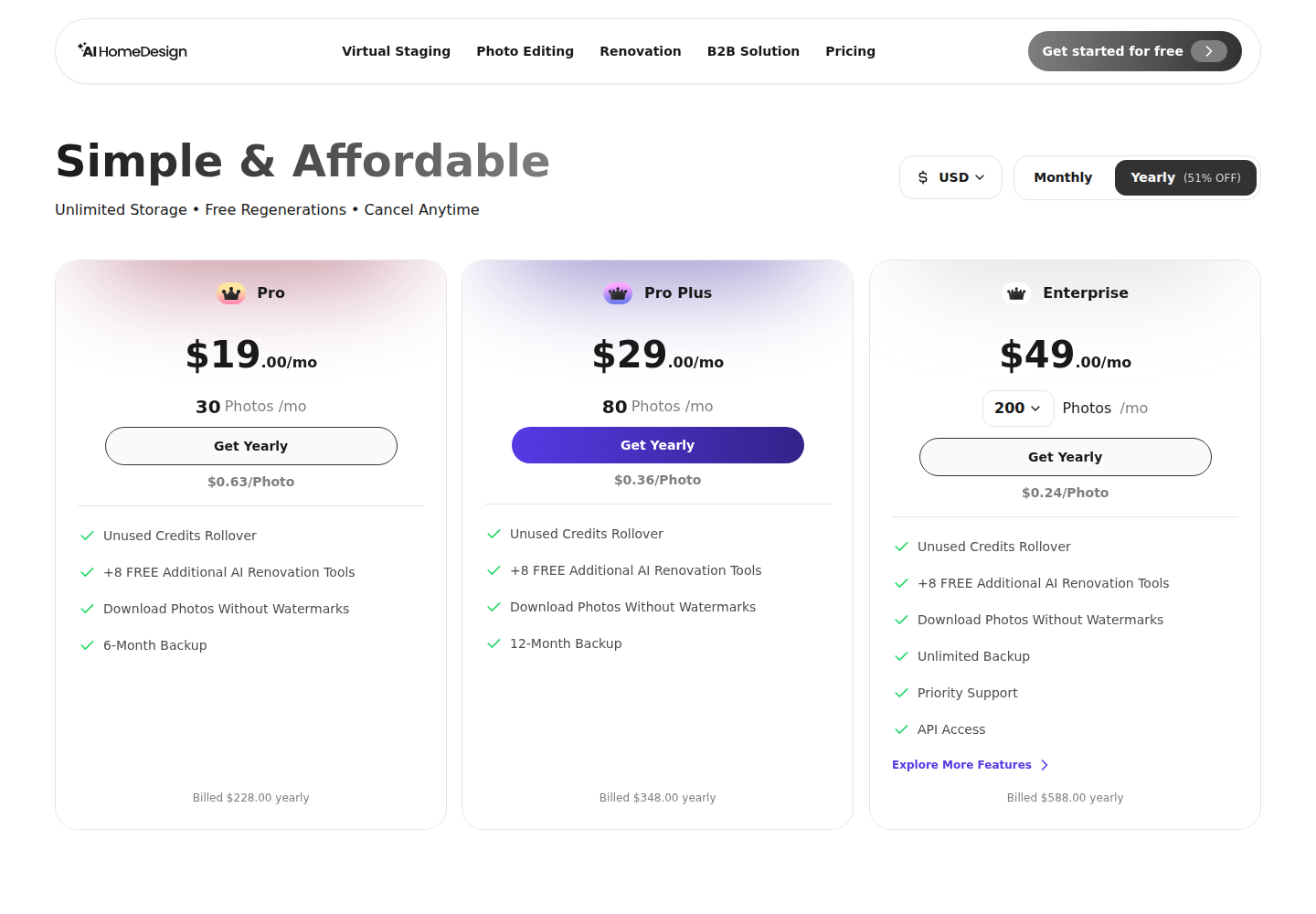 AI HomeDesign yearly plans: $19, $29, and $49 monthly equivalents, billed $228, $348, and $588 annually.