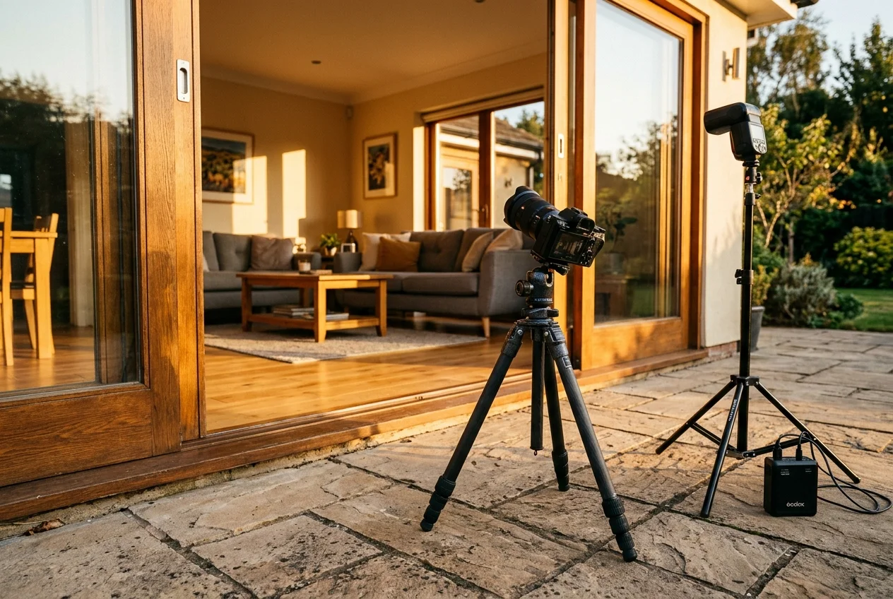 Camera and off-camera flash setup showing the best flash for real estate photography on a patio