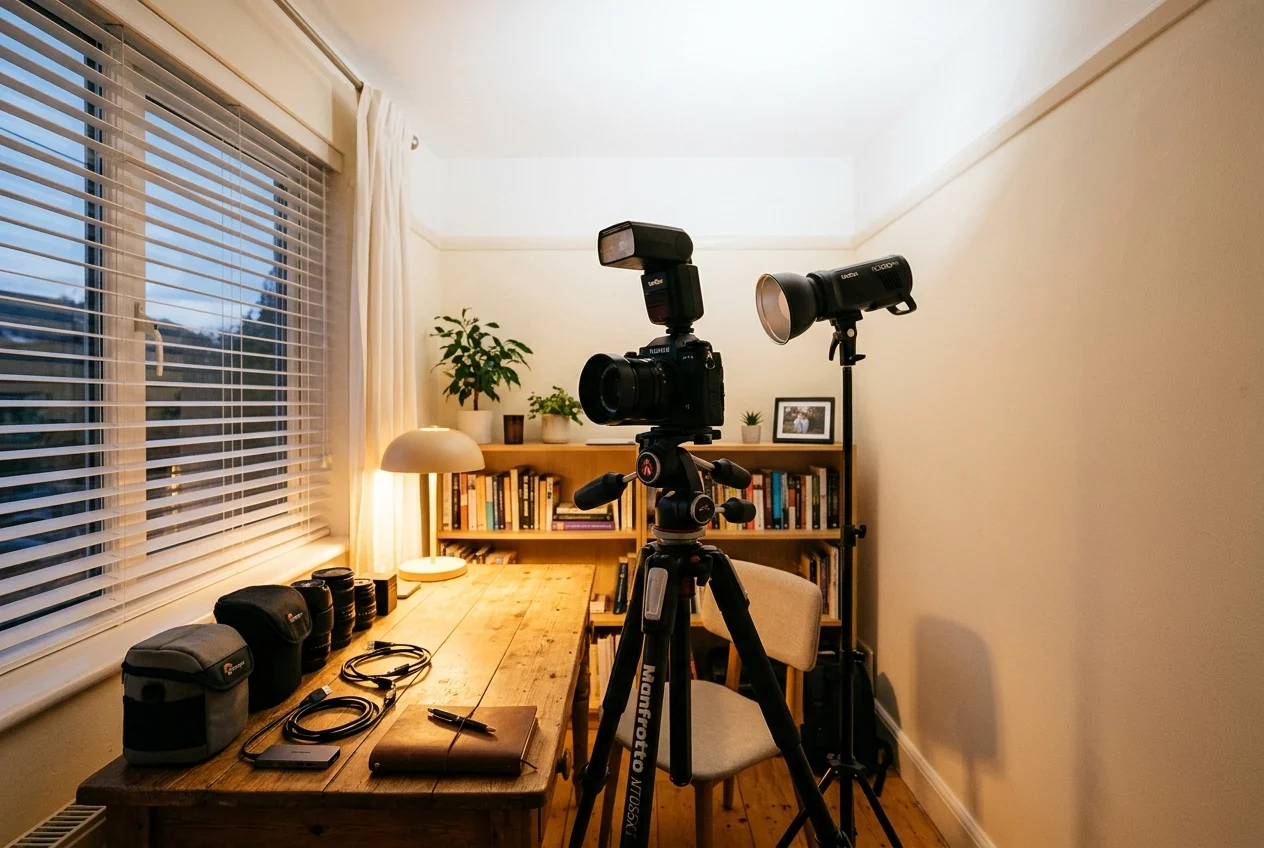 Camera with speedlight and strobe setup illustrating best flash for real estate photography