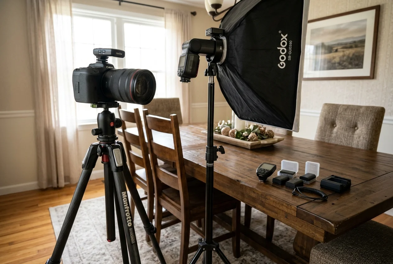 Camera on tripod with flash kit showing the best flash for real estate photography setup