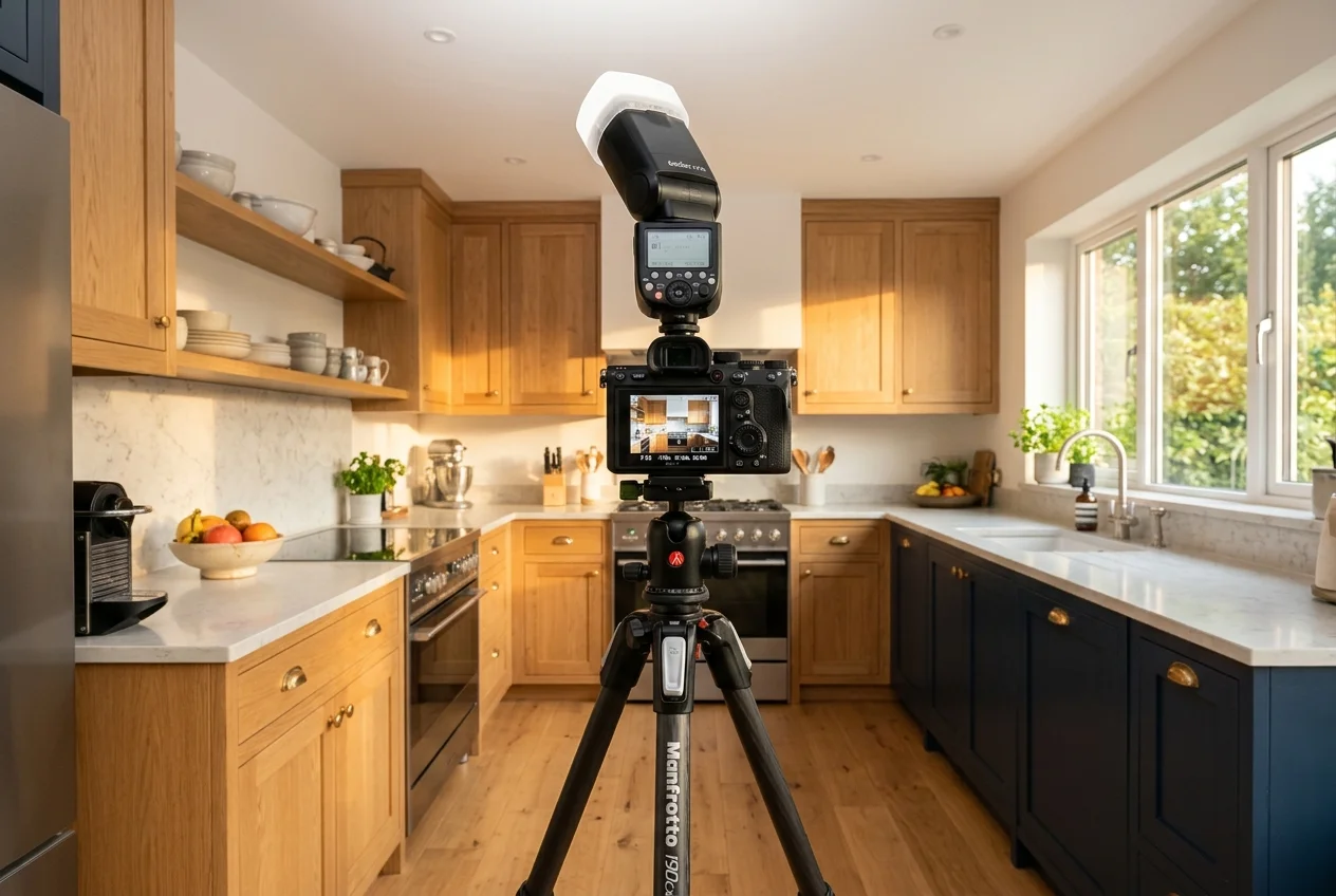 Camera with bounce speedlight on tripod shows baseline settings for best flash for real estate photography