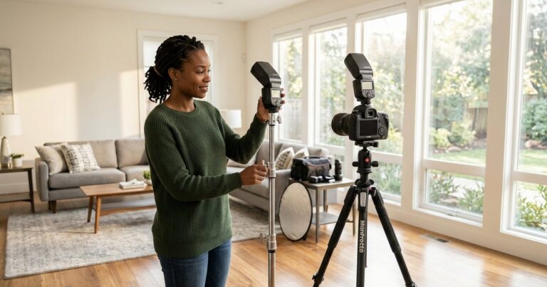Photographer setting up camera and flash gear, exploring the best flash for real estate photography.