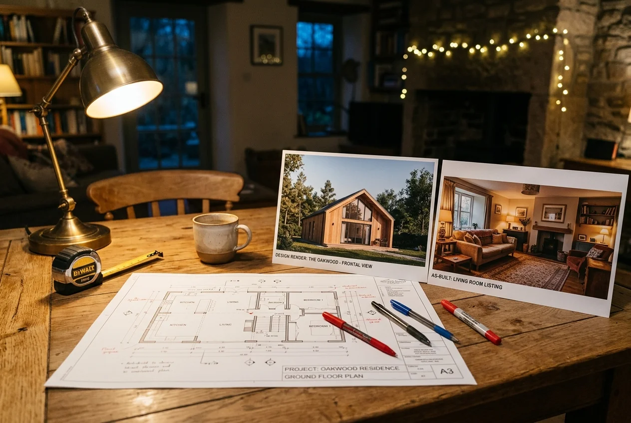 Floor plan on a table beside rendering and listing photo illustrating cedreo alternatives
