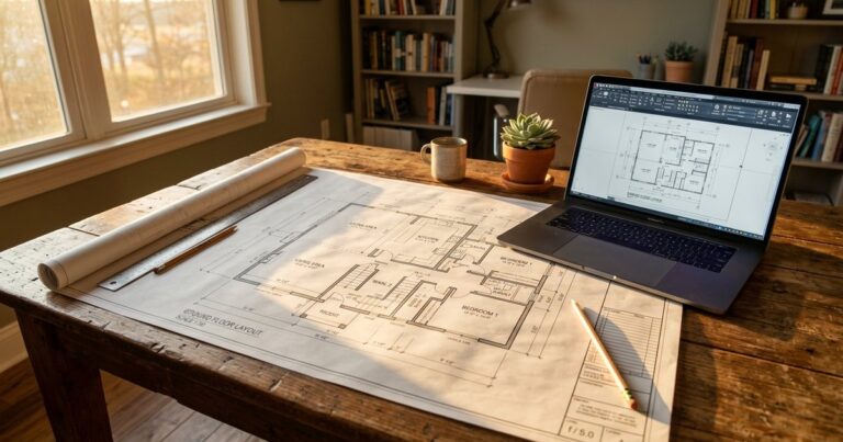 Printed floor plan and laptop on a table, illustrating Cedreo alternatives for home design software