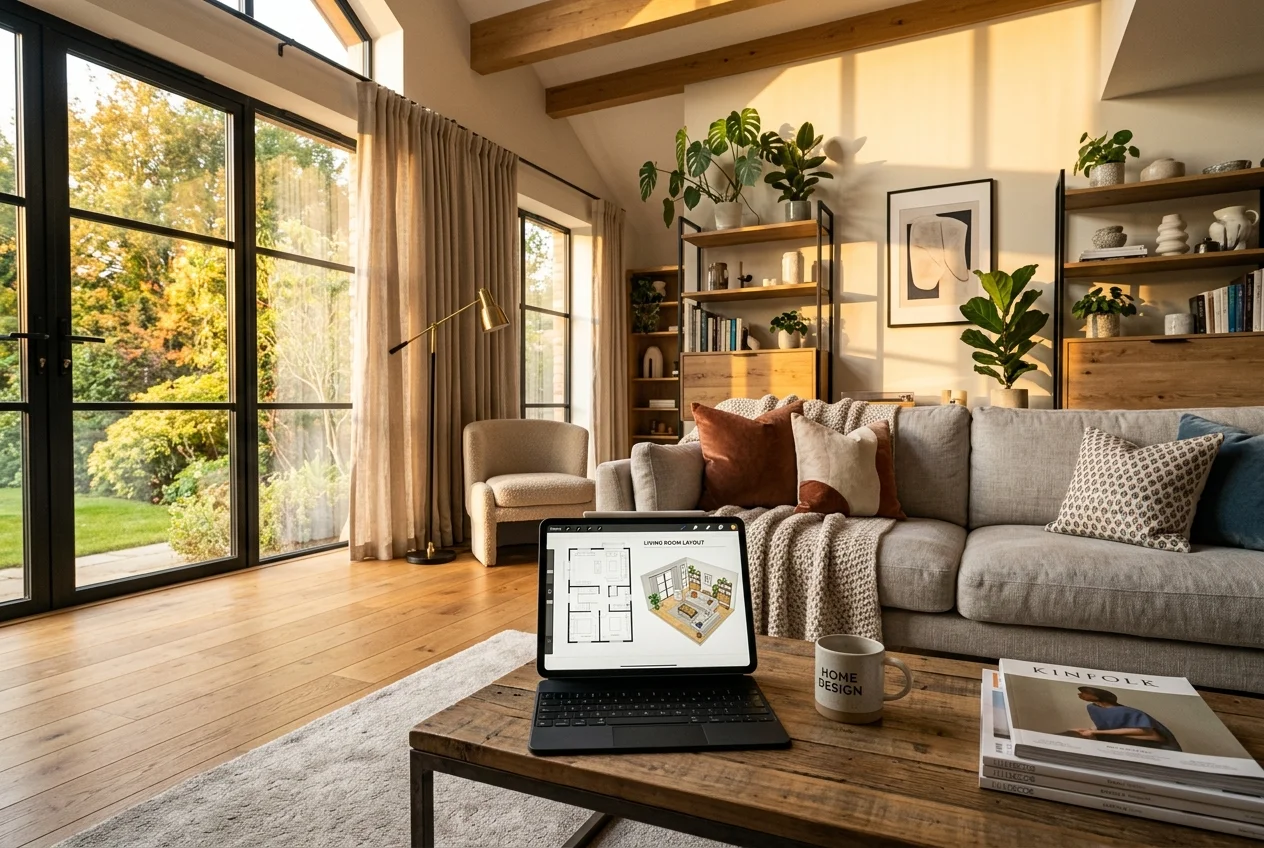 Designed living room with tablet showing a plan, illustrating what to look for in foyr neo alternatives