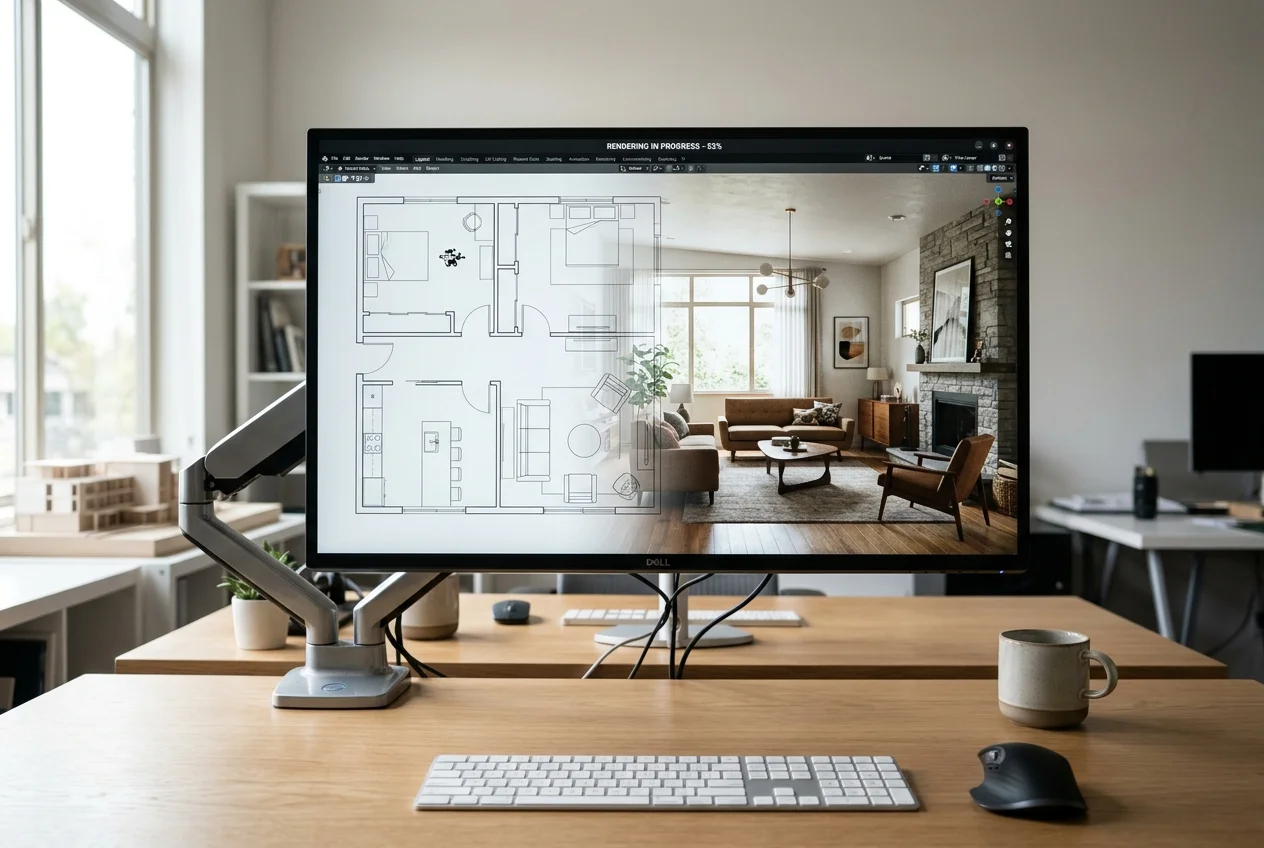 Screen rendering a 3D interior, illustrating foyr neo alternatives for from-scratch planning