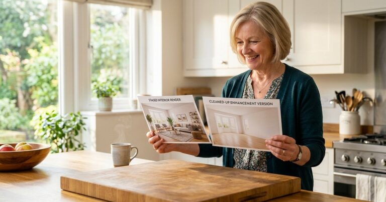 Woman comparing printed listing photos, illustrating homedesigns ai vs ai homedesign differences