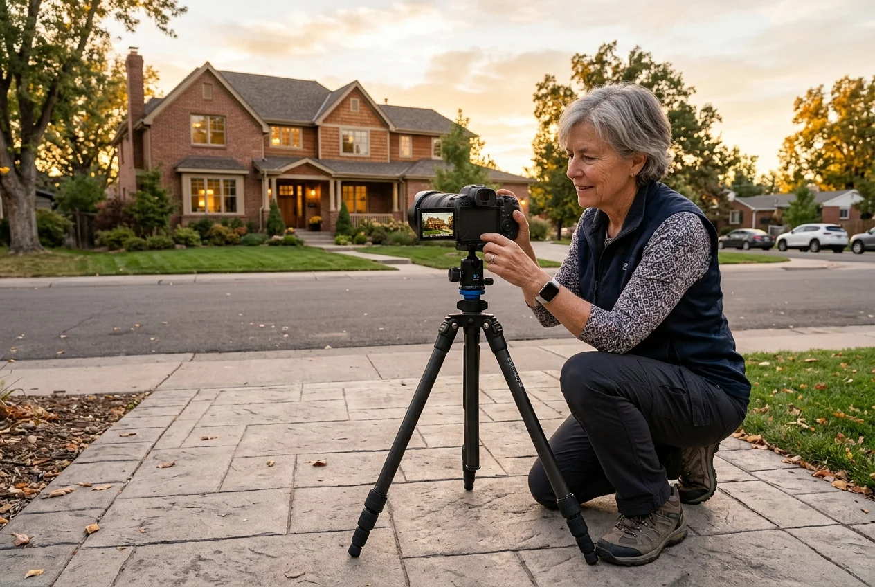 Photographer capturing the hero shot while learning how to photograph a house exterior at golden hour