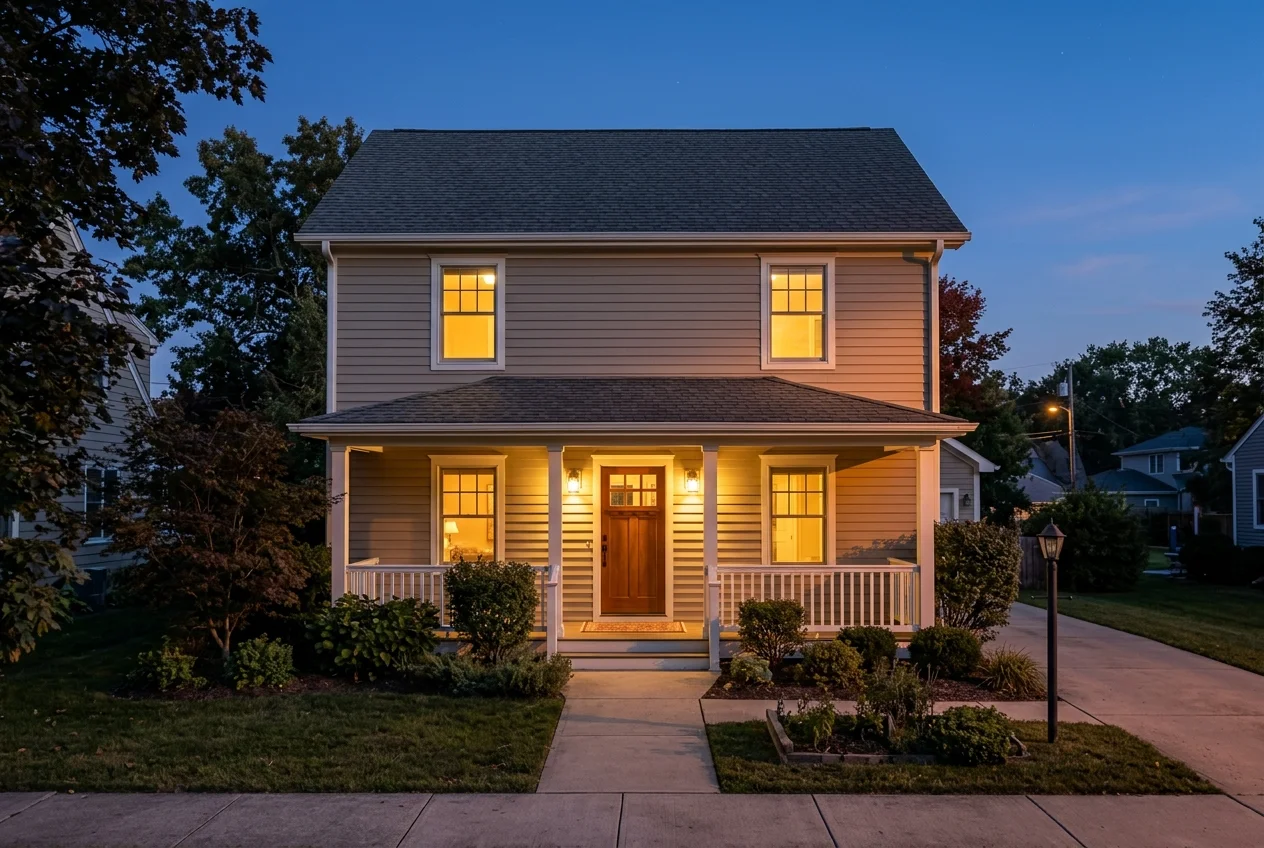 House exterior with side lighting showing how to photograph a house exterior without flattening it