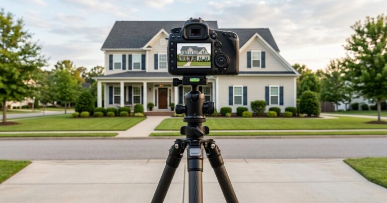 Camera on tripod framing a house exterior, illustrating how to photograph a house exterior