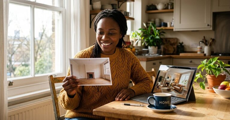 Comparing lookx ai vs ai homedesign outputs: a printed listing photo versus a concept render on tablet