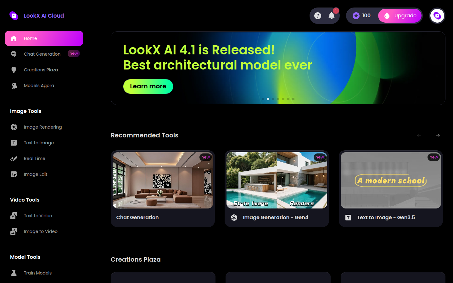 LookX AI product screenshot: The LookX AI Cloud dashboard — sidebar tool groups, credit balance and recommended tools