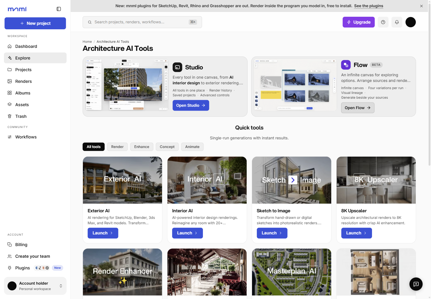 MNML AI: Signed-in Explore tool directory with account identity and credit balance removed. Card artwork is published product imagery.