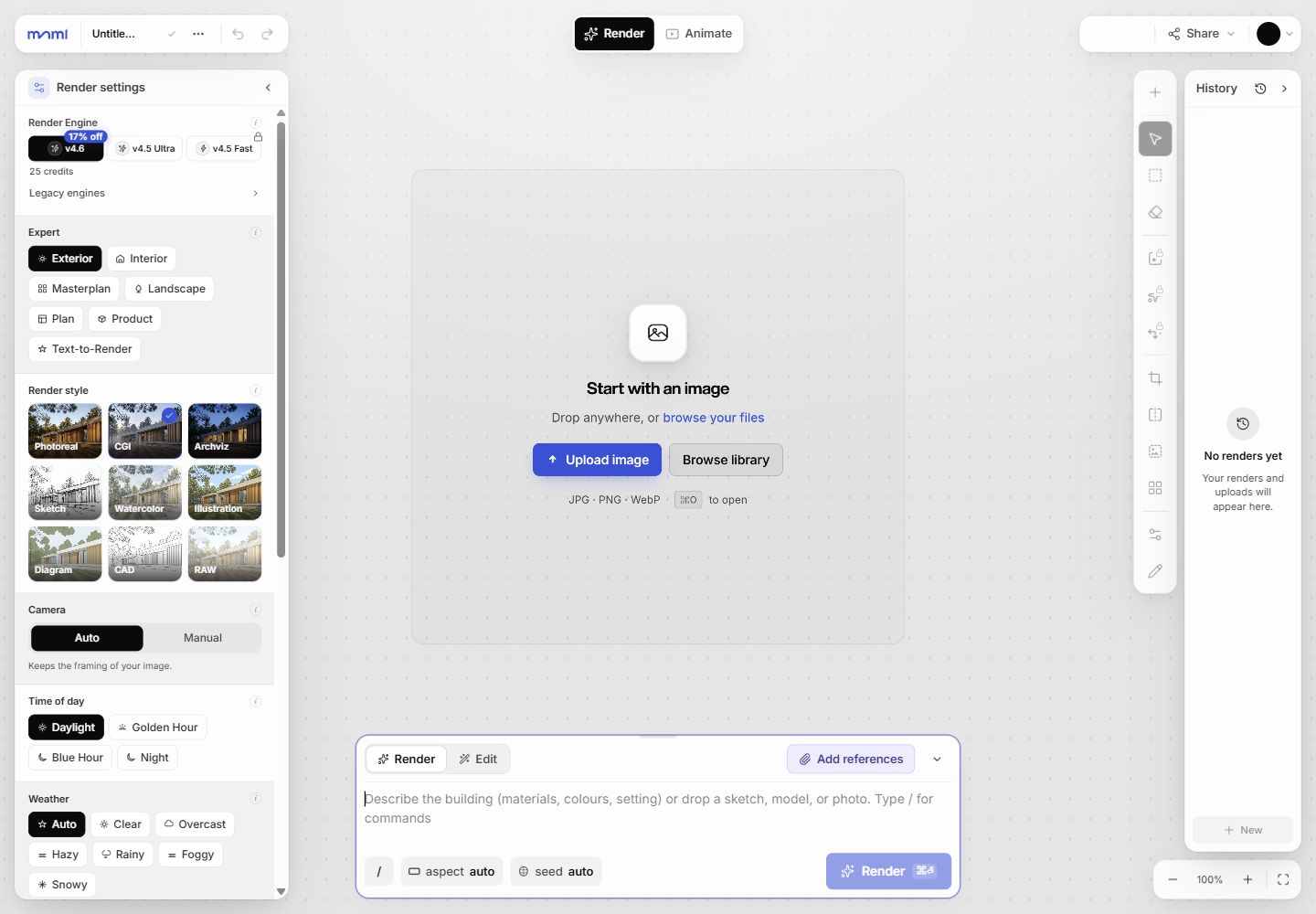 MNML AI: Signed-in Studio after dismissing the welcome overlay: empty upload area, empty history, engine and Expert settings, and prompt composer. Settings thumbnails are MNML product examples. Identity, avatar, and account balance are removed; no source was uploaded or output generated.