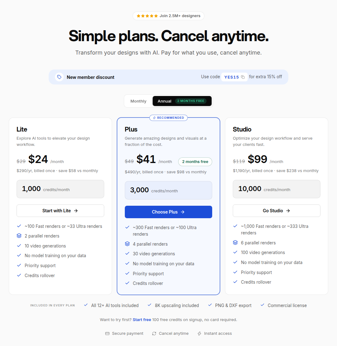 MNML AI: Annual plan cards. The displayed per-month values are rounded; refer to the annual billed total.