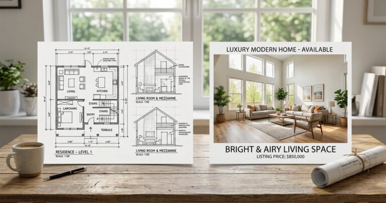 Floor plan sketch beside listing photo illustrating mnml ai vs ai homedesign input difference