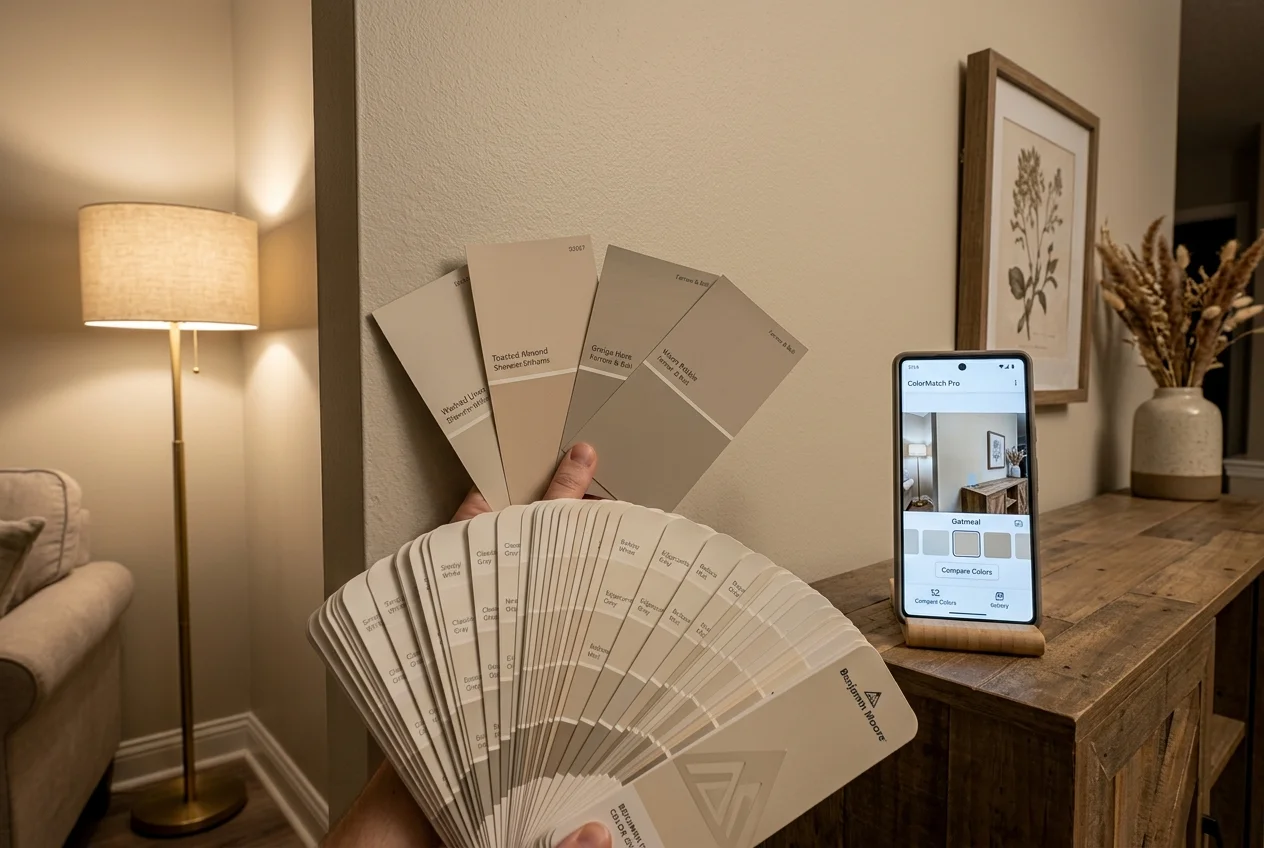 Printed paint swatches and a paint color visualizer app compared against a freshly painted wall