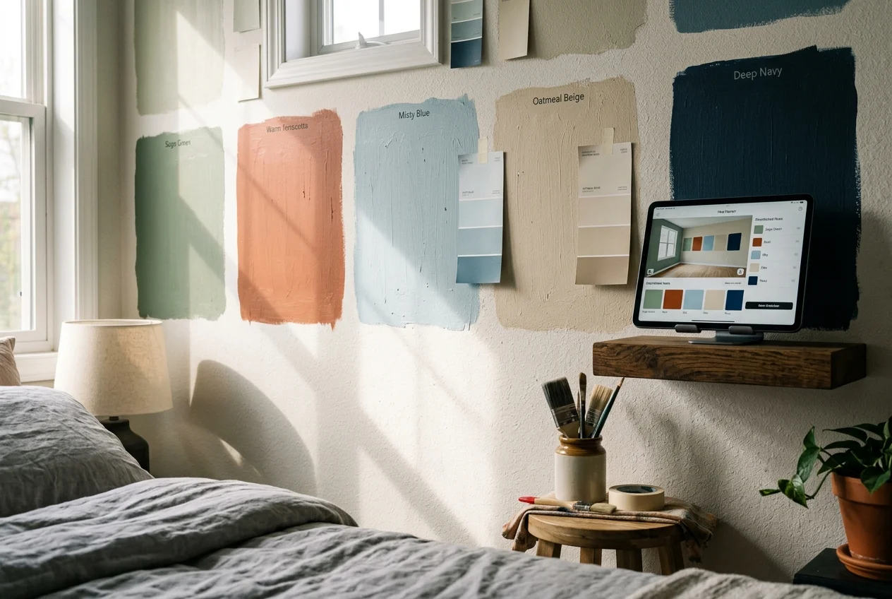 Painted wall swatches next to a tablet running a paint color visualizer app for comparison