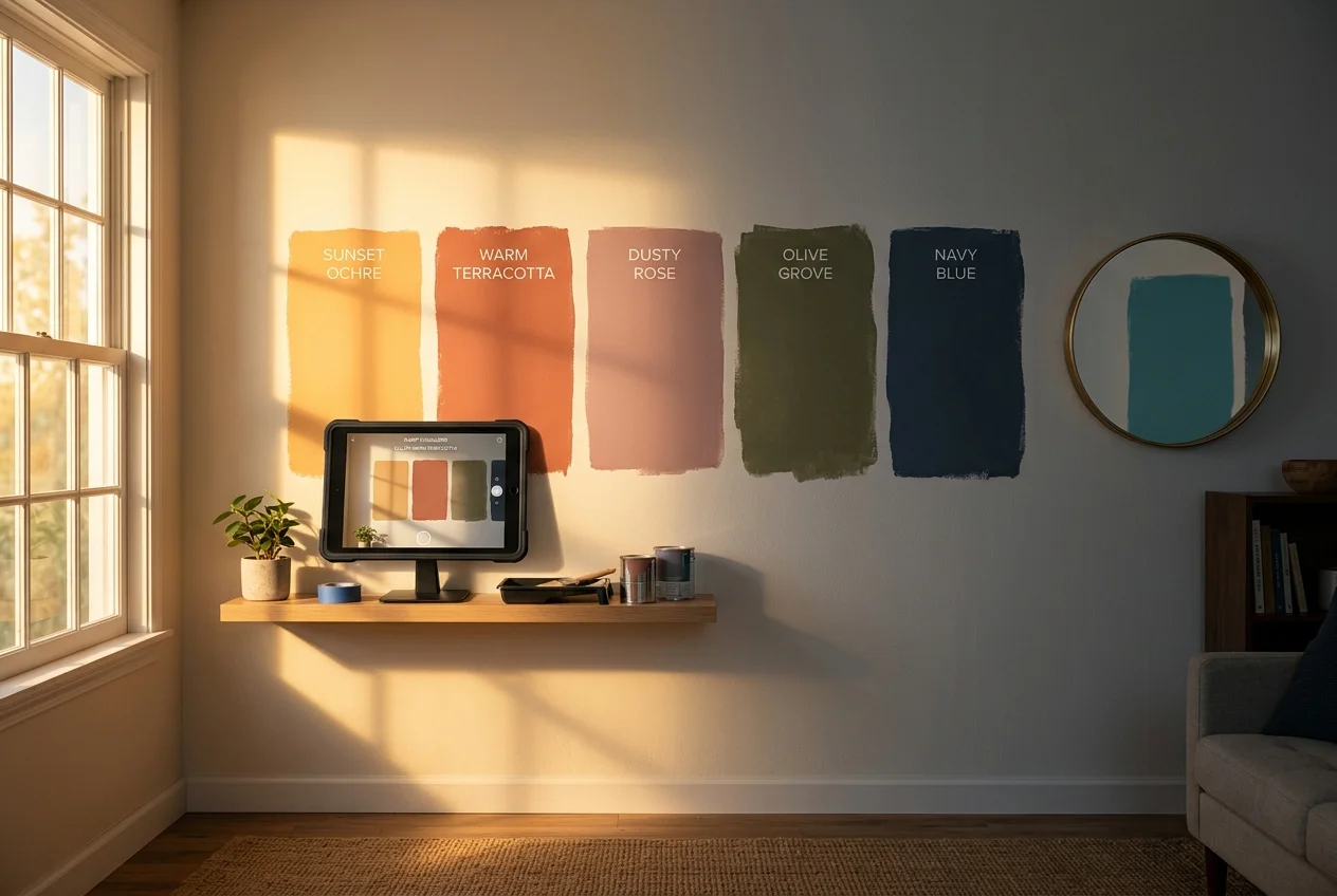 Wall with paint swatches and a paint color visualizer app showing mixed lighting issues