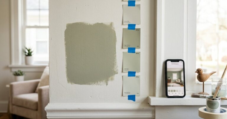 Paint swatches and a phone running a paint color visualizer app against a partly painted wall